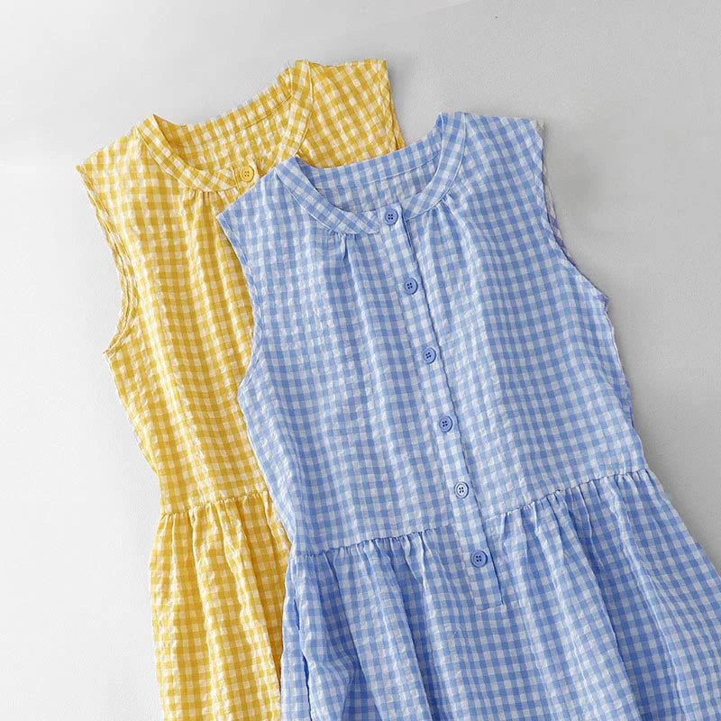 Buddha Stones Crew Neck Sleeveless Plaid Summer Cotton Knee Length Dress