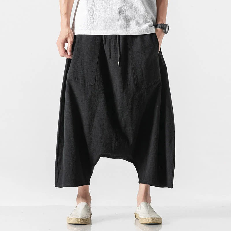 Buddha Stones Casual Low Crotch Design Drawstring Men's 7-8 Length Cotton Linen Wide Leg Pants With Pockets
