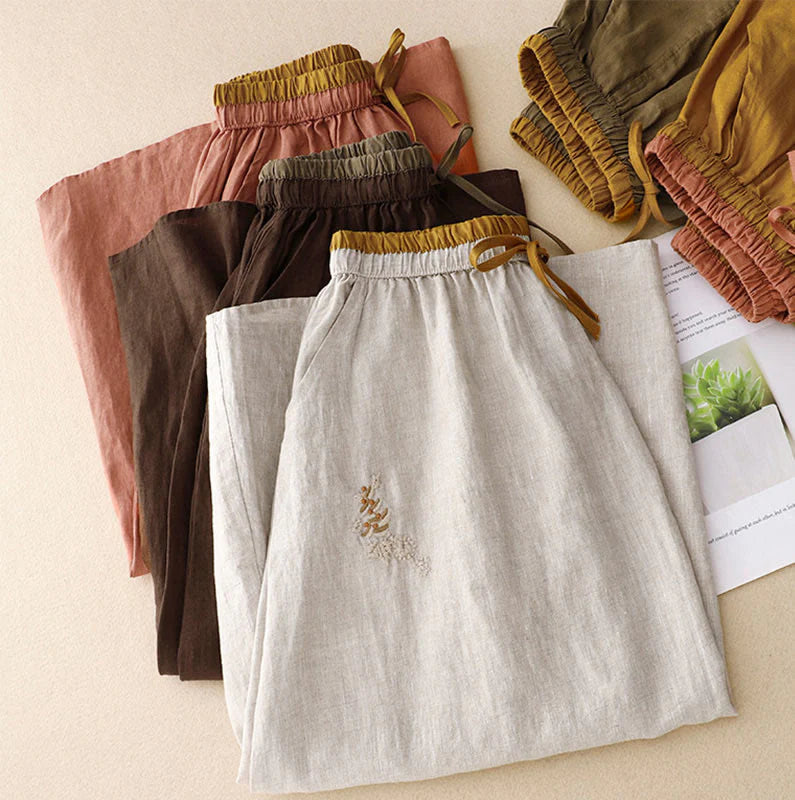 Buddha Stones Vintage Solid Embroidery Drawstring Women's Skirt With Pockets