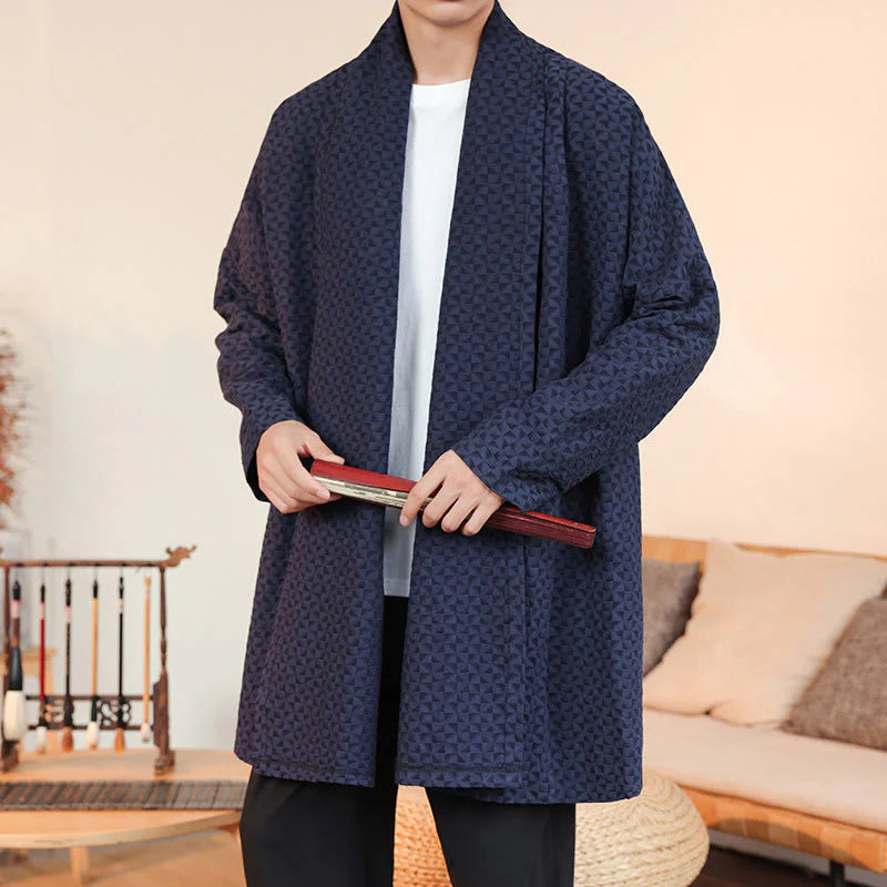 Buddha Stones Winter Jacquard Simple Design Men's Cotton Long Sleeve Kimono