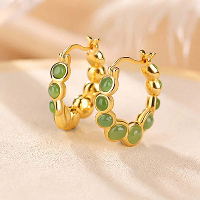 Buddha Stones 925 Sterling Silver Plated Gold Hetian Cyan Jade Pea Ear Clip Prosperity Earrings  (Extra 30% Off | USE CODE: FS30)