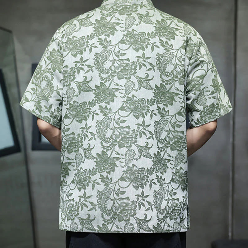 Buddha Stones Casual Jacquard Paisley Flower Plant Pattern Frog-Button Design Men's Cotton Shirt Cardigan With Pockets