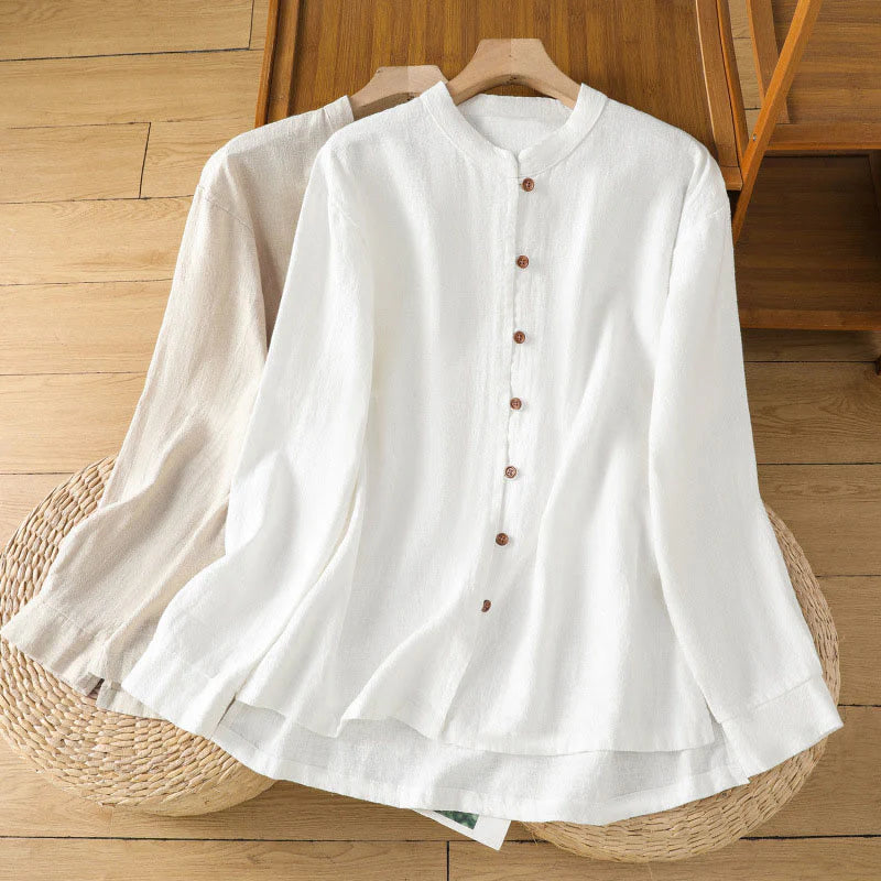 Buddha Stones Spring Solid Color Simple Hem Slit Design Cotton Linen Women's Shirt