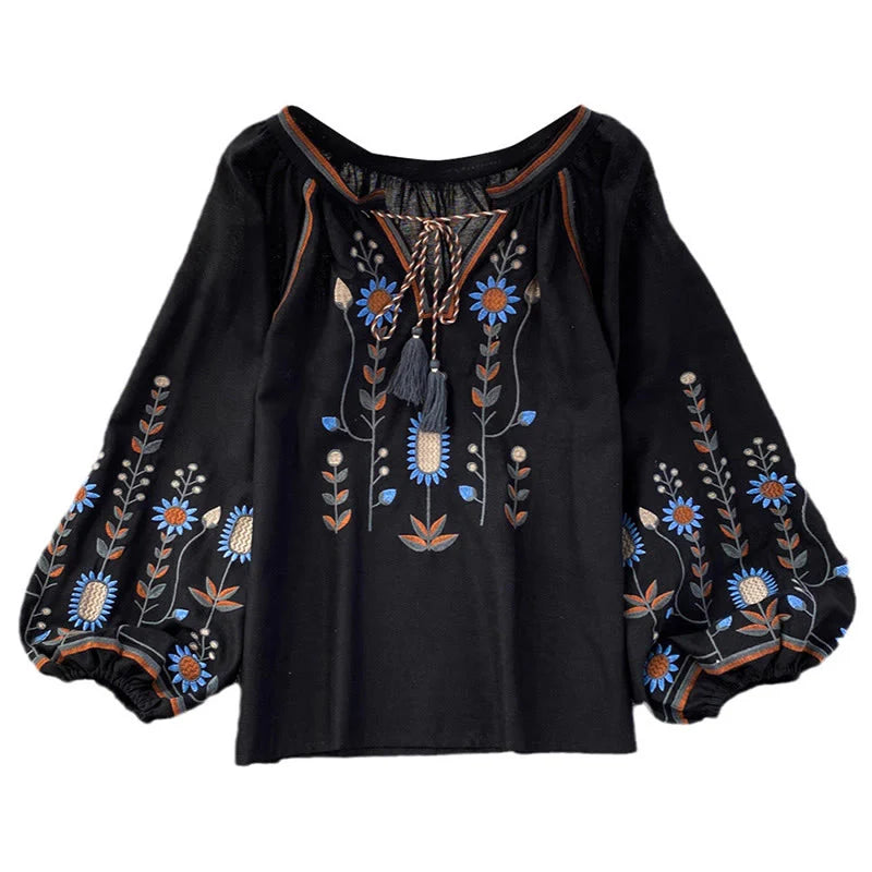 Buddha Stones Casual Embroidery Flower Leaf Pattern Women's Cotton Linen Round Neck T-shirt