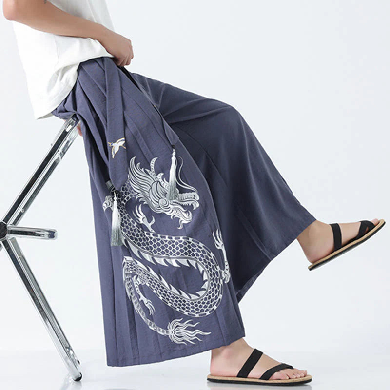 Buddha Stones Summer Dragon Drawstring Design Cotton Ankle-Length Men's Wide Leg Pants With Pockets