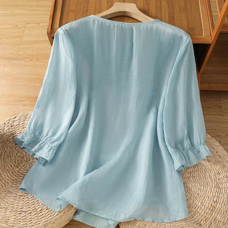 Buddha Stones Flower Vines Embroidery Button Crew Neck Three Quarter Sleeve Women's Cotton Shirt