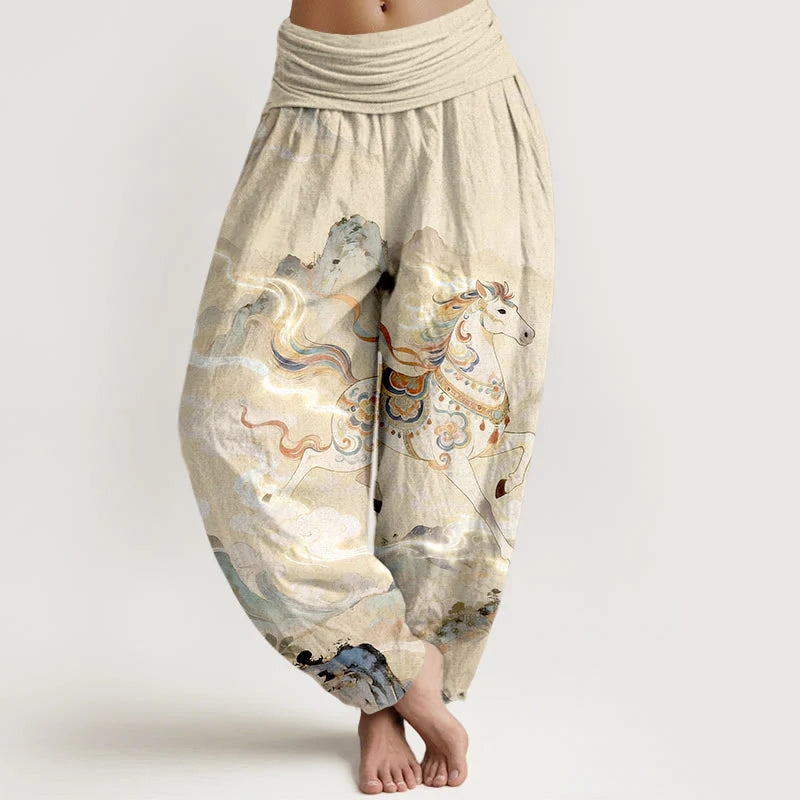 Buddha Stones Cotton Gorgeous Mountain Horse Cloud Pattern Women's Elastic Waist Harem Pants