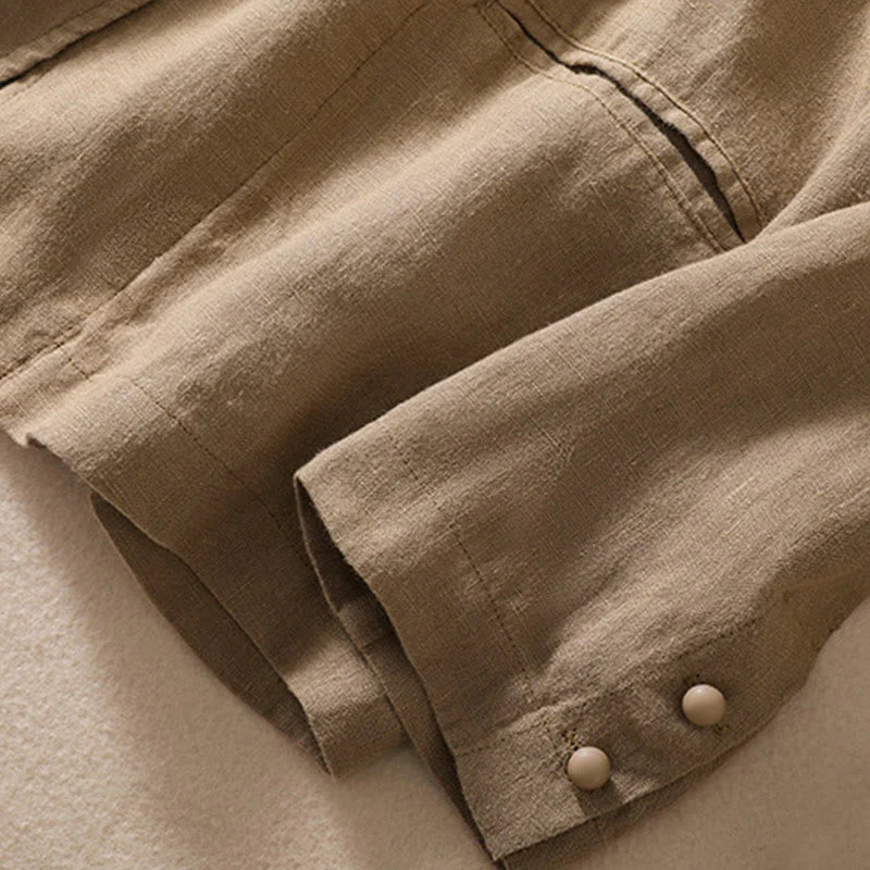 Buddha Stones Women's Cotton Linen Stand Collar Long Sleeve Shirt With Pockets