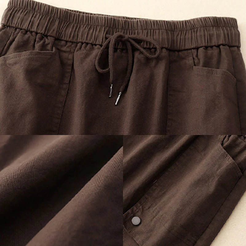 Buddha Stones Vintage Plain Drawstring Button Design Slide Slite Women's Cotton Linen 7-8 Length Skirt With Pockets