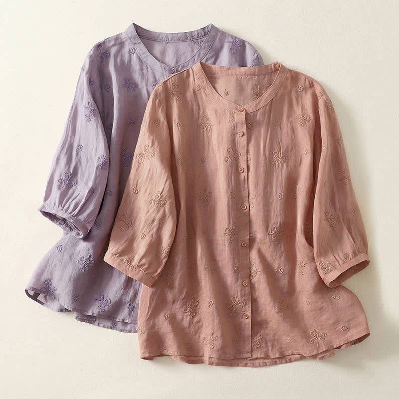 Buddha Stones Retro Embroidered Floral Short Sleeve Women's Buttons Shirt
