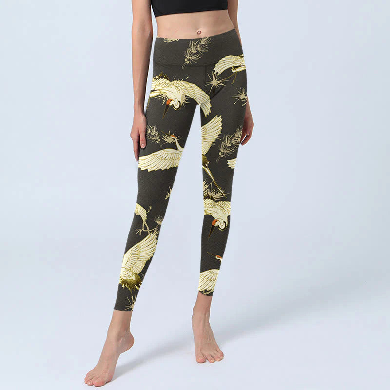 Buddha Stones Flying Red-crowned Crane Branch Pine Needles Pattern Print Gym Leggings Women's Yoga Pants