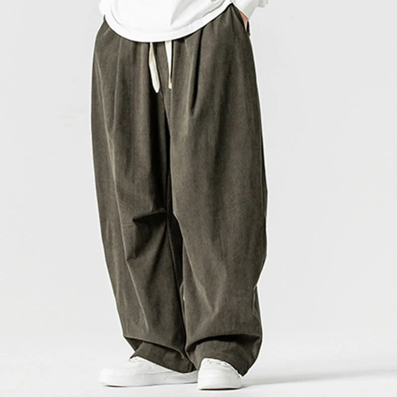 Buddha Stones Winter Drawstring Corduroy Cotton Men's Wide Leg Pants With Pockets