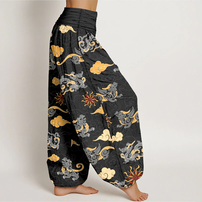Buddha Stones Cotton Gorgeous Dragon Auspicious Beast Cloud Pattern Women's Elastic Waist Harem Pants