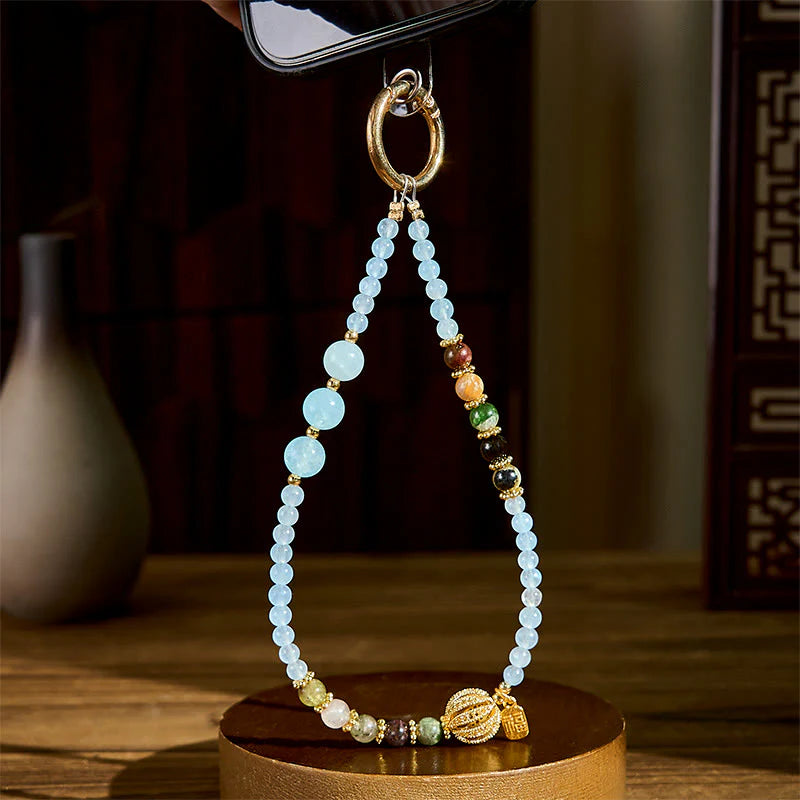 Buddha Stones Fu Character Blue Chalcedony Emotional Balance Key Chain Phone Hanging Decoration