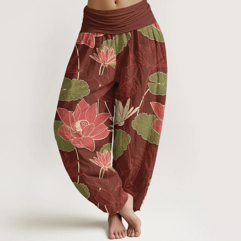 Buddha Stones Pure Cotton Retro Lotus Flowers Leaves Pattern Women's Elastic Waist Harem Pants