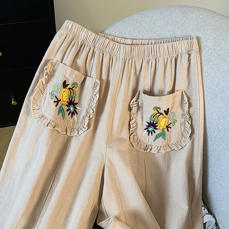 Buddha Stones Casual Beige Embroidery Women's Wide Leg Cotton Linen Pants With Pockets