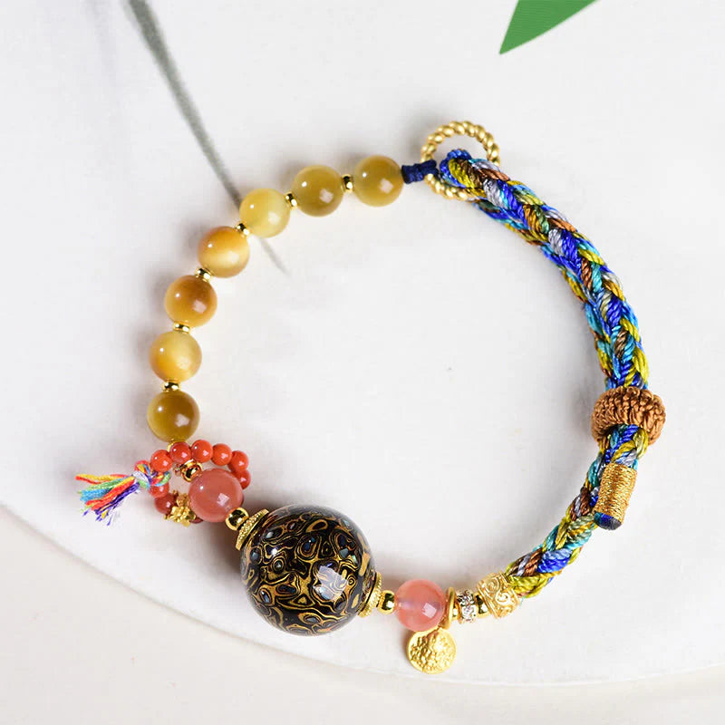 Buddha Stones Tibetan  Lacquer Bead Hand-woven Tiger Eye Stone Protection Bracelet