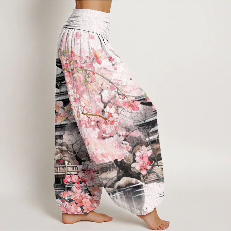 Buddha Stones Cotton Pavilion Cherry Blossom Pattern Women's Elastic Waist Harem Pants