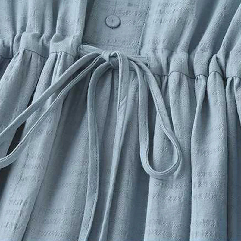 Buddha Stones Retro Solid Color Drawstring Frog-Button Design Long Sleeve Cotton Linen Midi Dress With Pockets