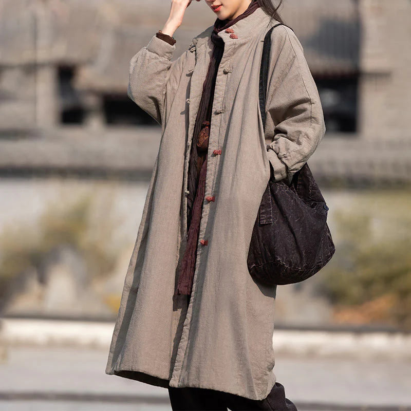 Buddha Stones Winter Solid Frog-Button Ramie Cotton Women's Long Sleeve Thermal Coat With Pockets