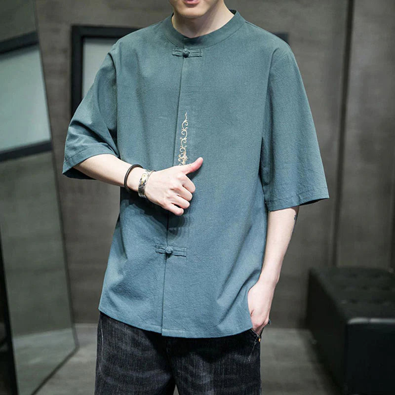 Buddha Stones Plain Color Frog-Button Embroidery Men's Half Sleeve Cotton Shirt