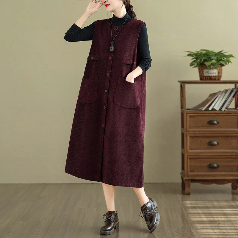 Buddha Stones Pure Colo Buttons Sleeveless Midi Dress With Pockets