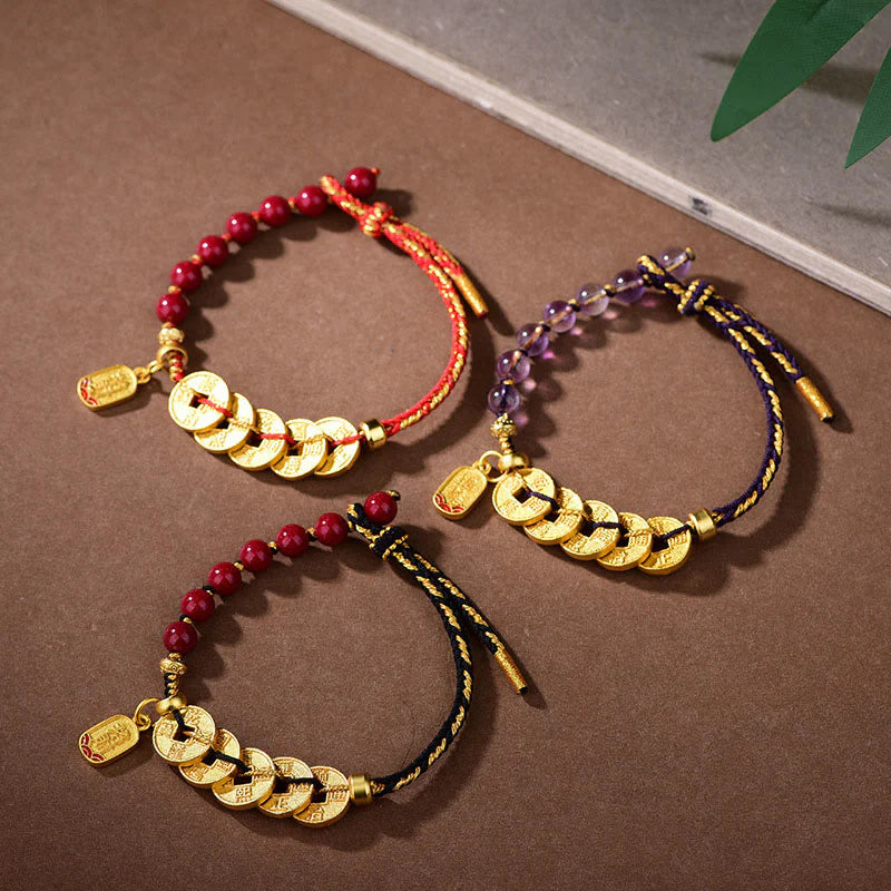 Buddha Stones Five-Emperor Coins Copper Amethyst Cinnabar Black Red String Balance Attract Fortune Bracelet