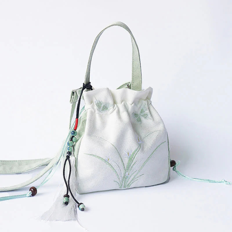 Buddha Stones Handmade Embroidered Flowers Canvas Tote Shoulder Bag Handbag