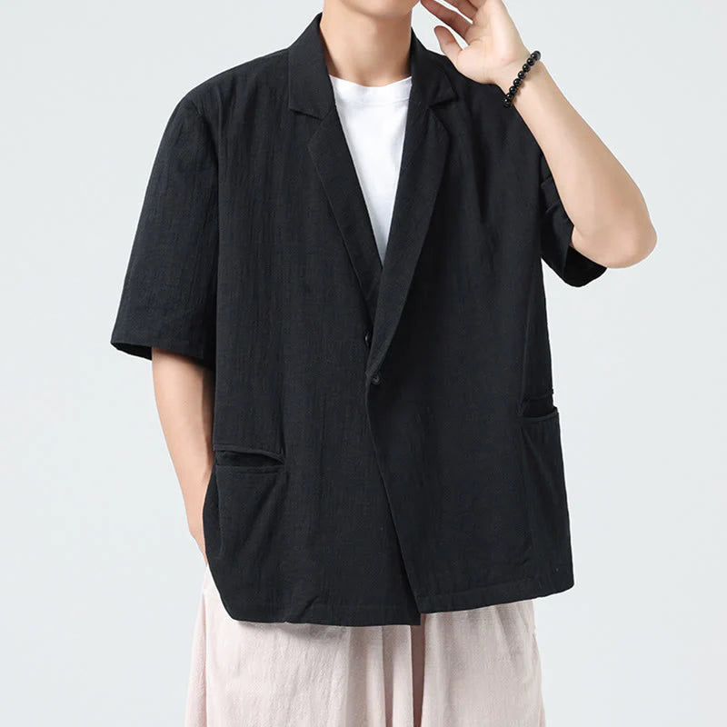 Buddha Stones Spring Plain Asymmetrical Lapel Collar Short Sleeve Men's Cotton Linen Shirt With Pockets