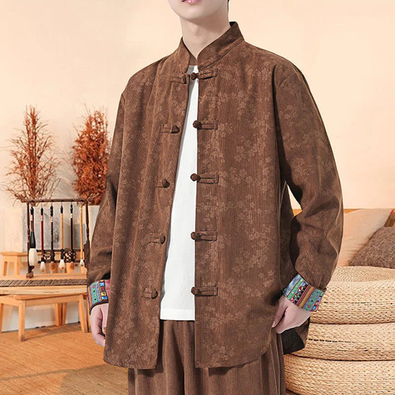 Buddha Stones Plain Plum Blossom Pattern Long Sleeve Men's Cotton Corduroy Tang Suit Jacket