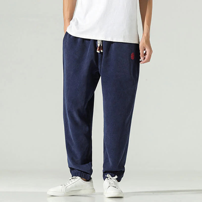 Buddha Stones Fall Plain Corduroy Embroidery Design Men's Harem Pants With Pockets
