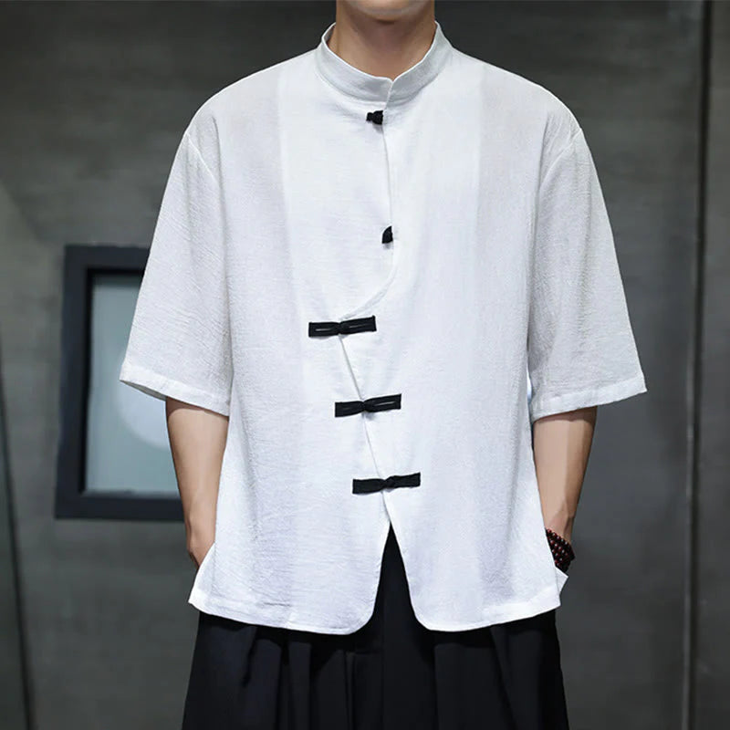 Buddha Stones Plain Chinese Frog-Button Stand Collar Cotton Linen Men's Half Sleeve Shirt
