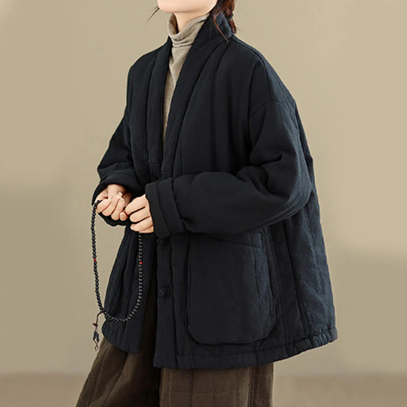 Buddha Stones Winter Solid Long Sleeve Cotton Women's Thermal Jacket With Pockets