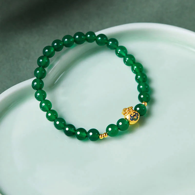 Buddha Stones 999 Sterling Silver Lucky Bag Green Chalcedony Calm Bracelet