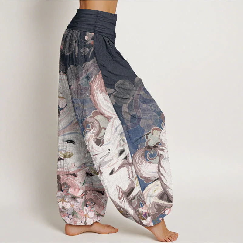 Buddha Stones Cotton Fox Cherry Blossoms Women's Elastic Waist Harem Pants