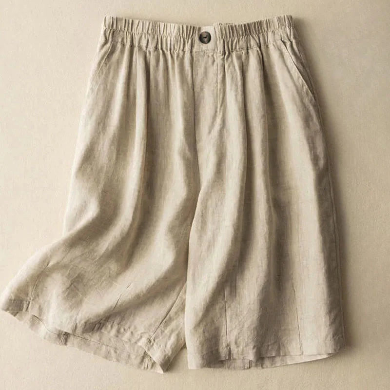 Buddha Stones Summer Casual Plain Zipper Button Cotton Linen Women's Shorts With Pockets