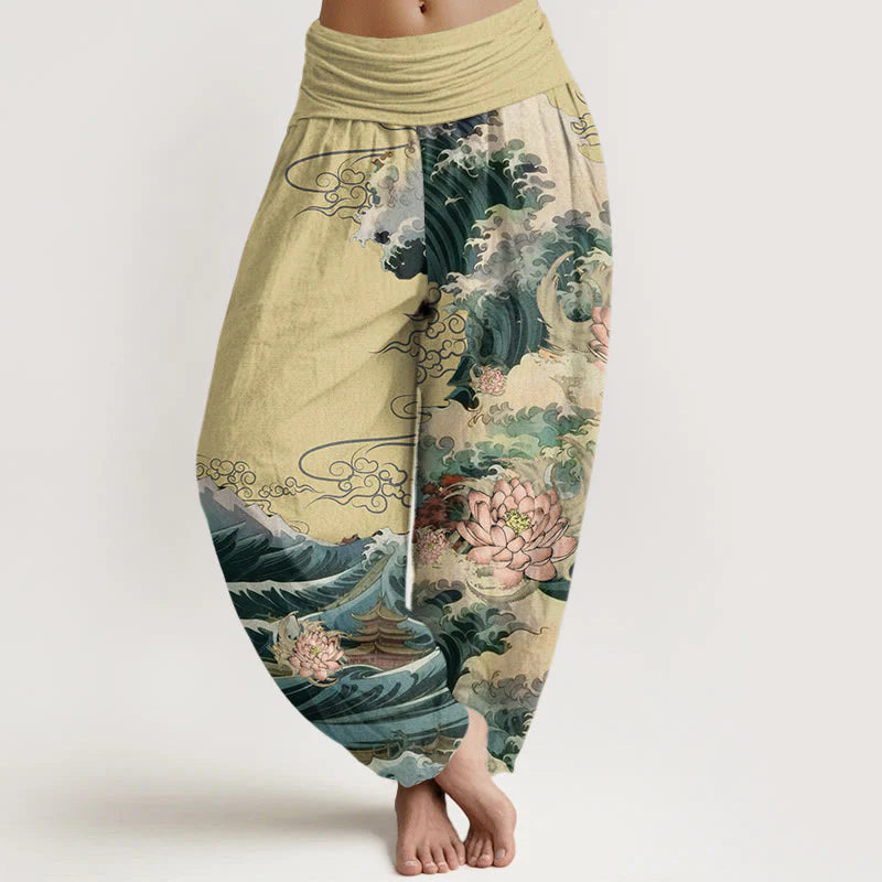Buddha Stones Cotton Casual Blooming Lotuse Wave Pavilion Pattern Women's Elastic Waist Harem Pants