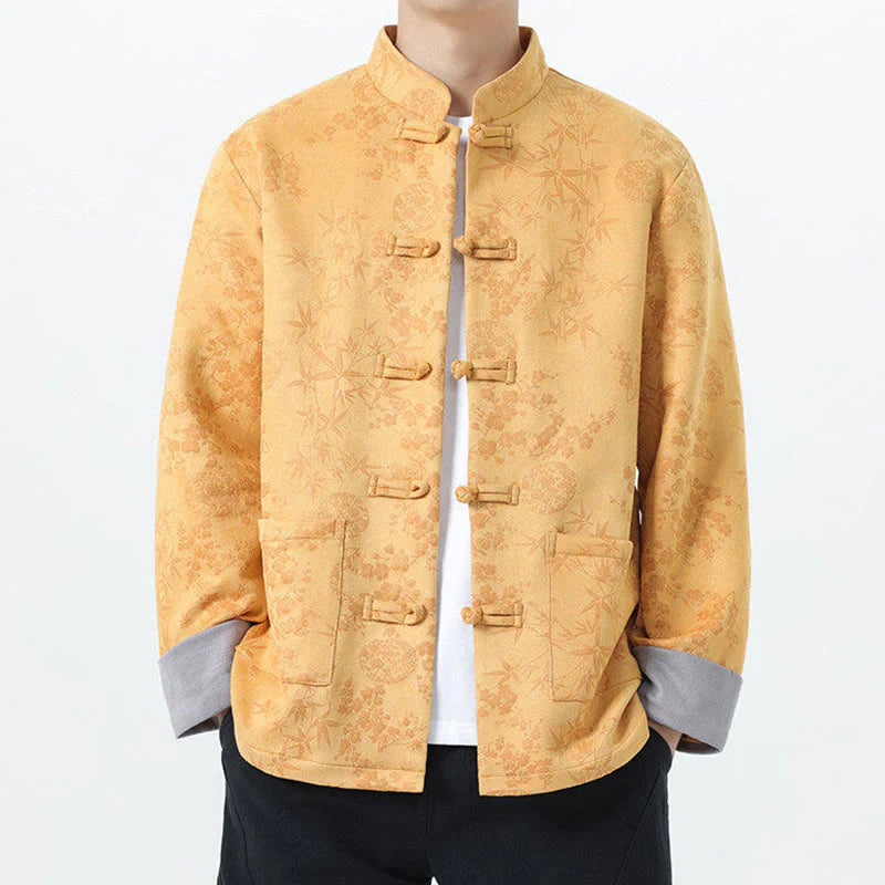 Buddha Stones Fall Jacquard Bamboo Frog-button Long Sleeve Men's Cotton Jacket With Pockets