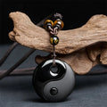 Buddha Stones Yin Yang Symbol Om Mani Padme Hum Black Obsidian Strength Necklace Pendant