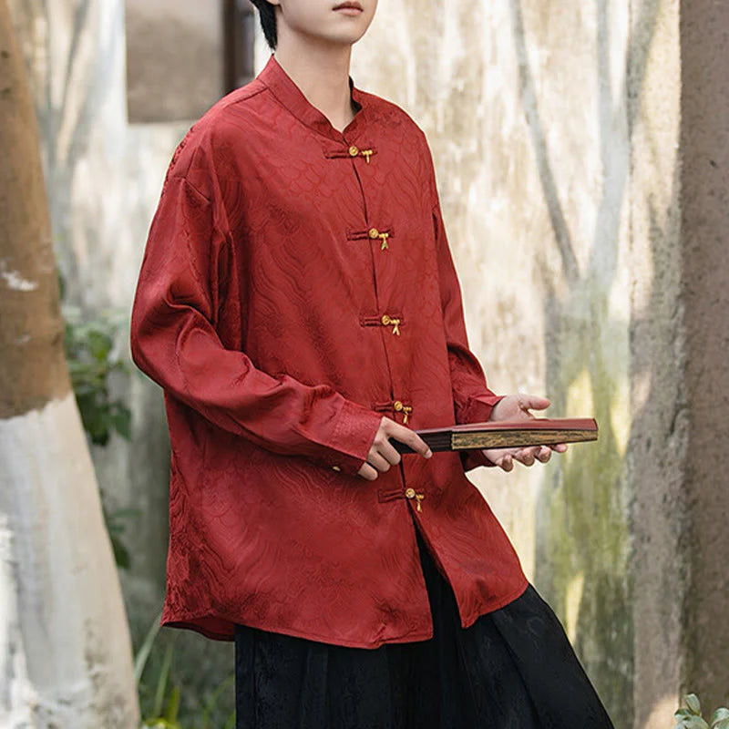 Buddha Stones Chinese Frog-Button Bamboo Shape Design Stand Collar Men's Long Sleeve Shirt