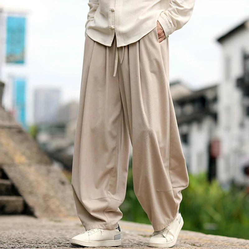 Buddha Stones Fall Solid Elastic Waist Drawstring Men's Harem Pants With Pockets