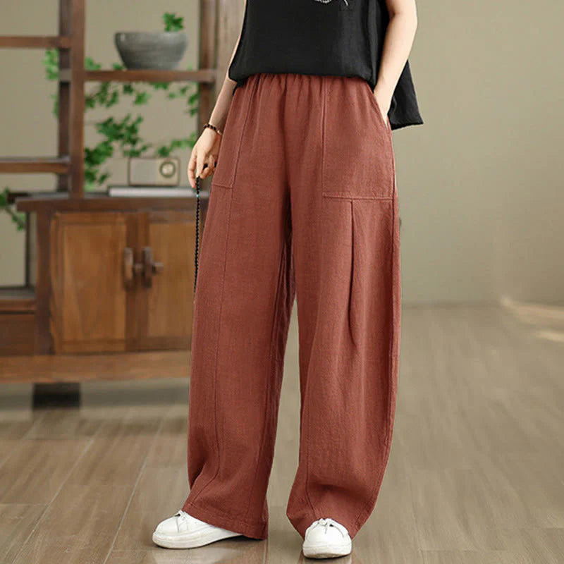Buddha Stones Solid Color Cotton Linen Women's Straight Leg Pants With Pockets