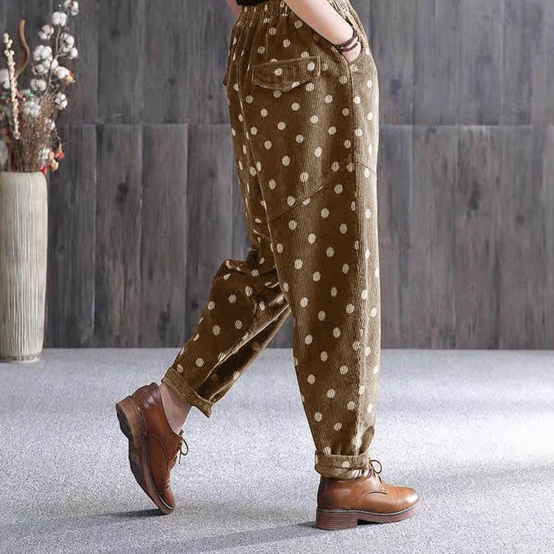 Buddha Stones Women's Fall Commute Printing Dot Pattern Corduroy Harem Pants With Pockets