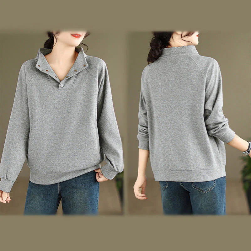 Buddha Stones Fall Solid Stand Collar Buttons Design Long Sleeve Women's Cotton Sweatshirt