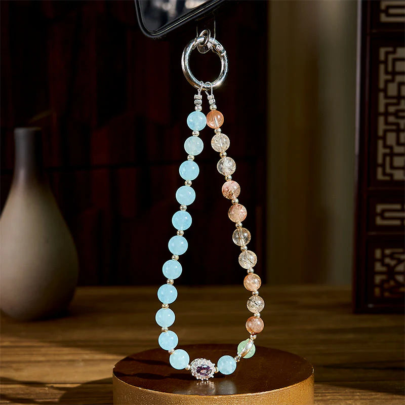 Buddha Stones 8mm Blue Chalcedony Super Seven Crystal Energy Key Chain Phone Hanging Decoration
