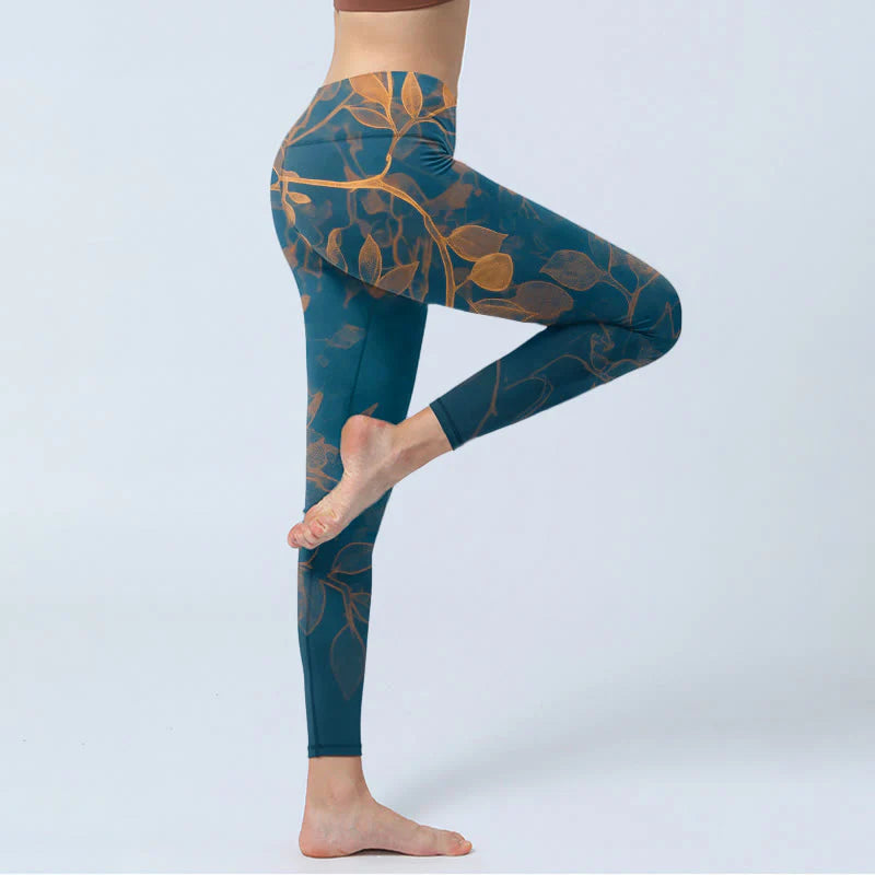 Buddha Stones Elegant Leaf Pattern Print Gym Leggings Women's Yoga Pants