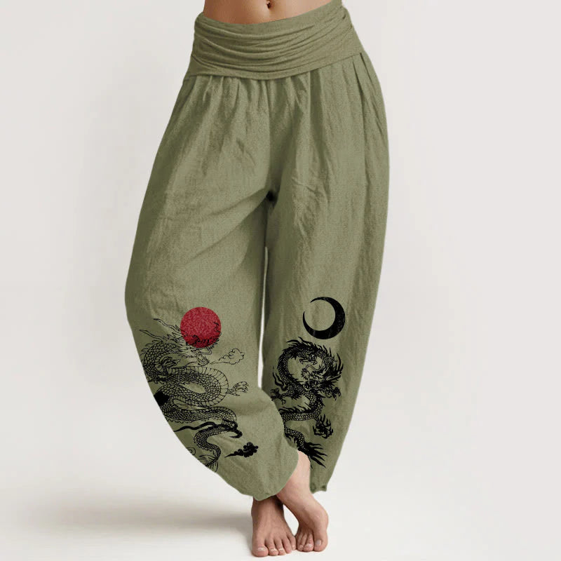 Buddha Stones Pure Cotton Dragon Sun Moon Pattern Women's Elastic Waist Harem Pants
