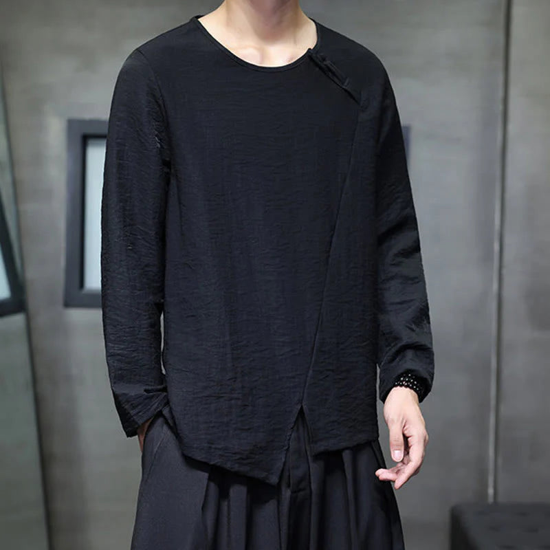 Buddha Stones Solid Color Loose Long Sleeve Round Neck Men's Shirts
