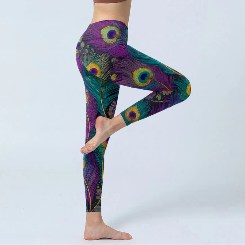 Buddha Stones Gorgeous Peacock Feather Flower Pattern Print Gym Leggings Women's Yoga Pants