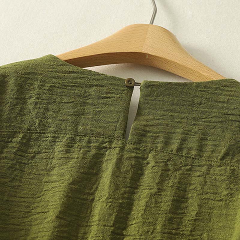 Buddha Stones Casual Olive Green Crew Neck Women's Cotton Linen Long Sleeve Shirt
